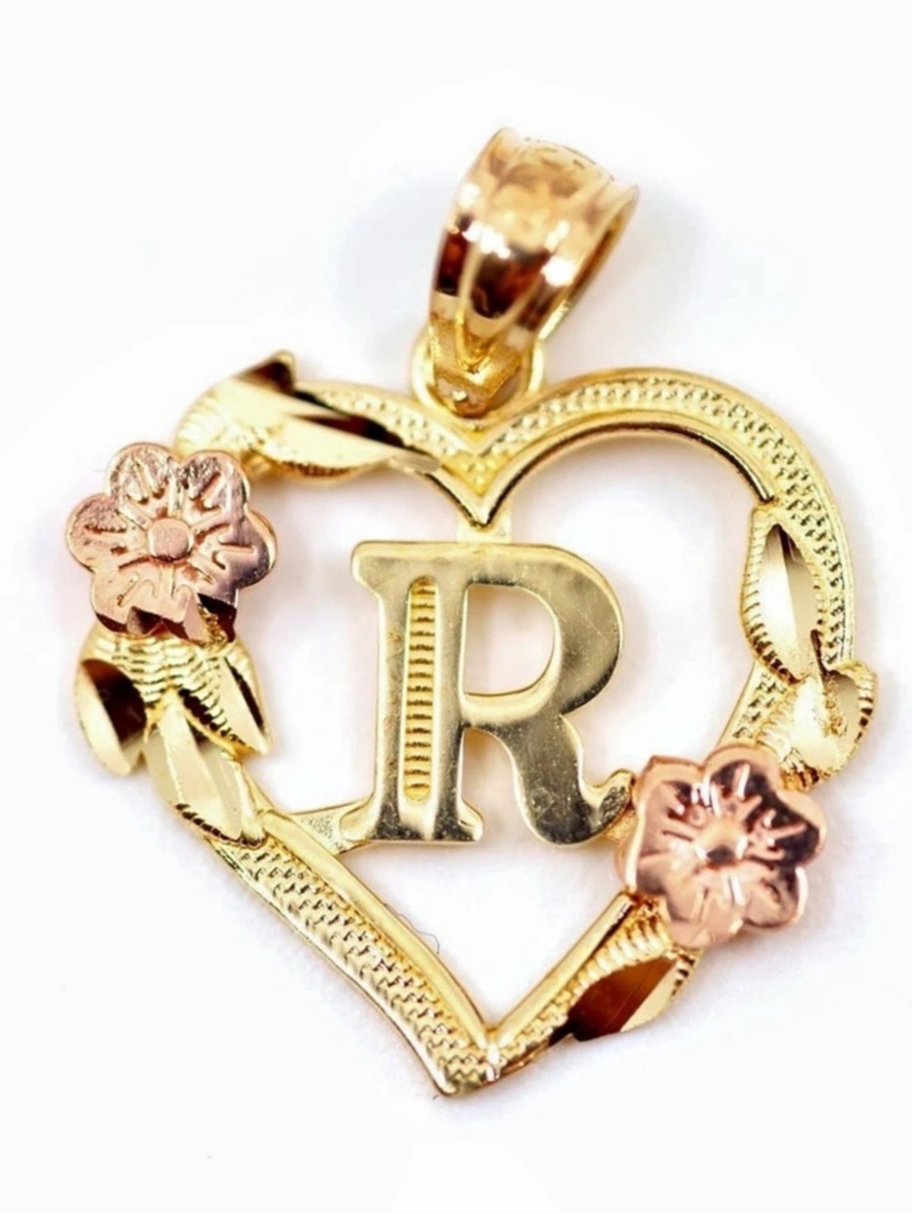 Initial “R” Heart Floral Pendant- solid gold 10k